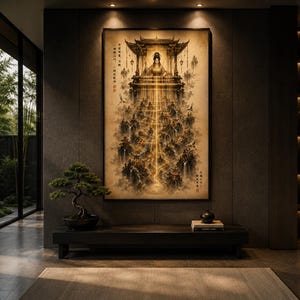 May include: A rectangular wall art print featuring a central figure in an ornate pavilion, with a golden light cascading down over a landscape of dark mountains, trees, and small structures. The artwork includes vertical Chinese calligraphy text.