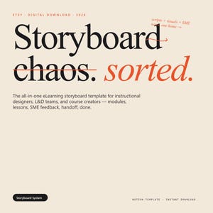 May include: Digital download graphic with the text "Storyboard chaos. sorted." in black and orange. The text is on a beige background. Additional text describes the template for instructional designers and course creators. The Etsy logo is at the top.