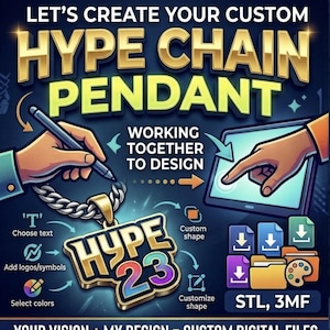 May include: An illustrated advertisement for custom Hype chain pendants. The design process includes choosing text, adding logos, selecting colors, and customizing the shape. The final product is a custom digital file.
