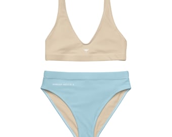 Conjunto de bikini de talle alto de lujo SERENITY reciclado • Traje de baño azul cielo y champán • Traje de baño de diosa ecológico