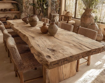 Mesa de comedor rústica de nogal hecha a mano, muebles de madera maciza a medida, mesa de cocina moderna, estilo granja de lujo.