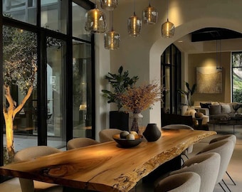 Mesa de comedor de madera maciza hecha a mano – Muebles rústicos de estilo granja con bordes naturales