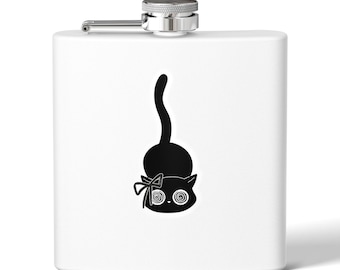 6オンス ステンレス製フラスコ、黒猫デザイン、二重壁断熱構造