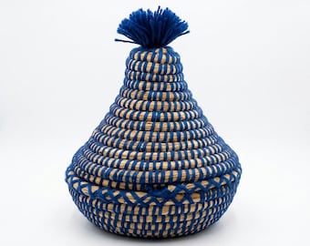 Moroccan Woven Tagine Basket, Blue Handmade Storage Container, Boho Home Accent