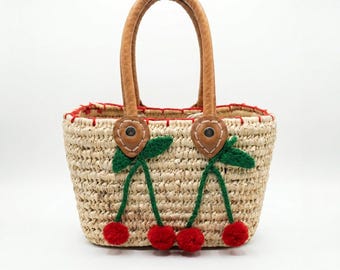 Moroccan Straw Tote with Cherry Detail, Woven Basket Handbag, Leather Handle Bag, Summer Beach Tote, Handmade Purse