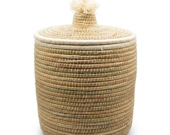 Cesta marroquí tejida con tapa, cesto de almacenamiento de fibra natural, organizador de hogar estilo boho hecho a mano