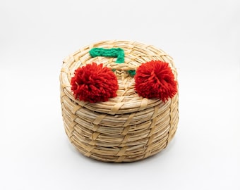 Moroccan Woven Box, Cherry Lid Basket, Handmade Storage, Rustic Boho Decor