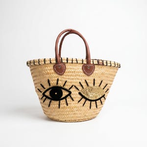 Handwoven Straw Market Tote with Sequin Eye Appliqué and Leather Handles