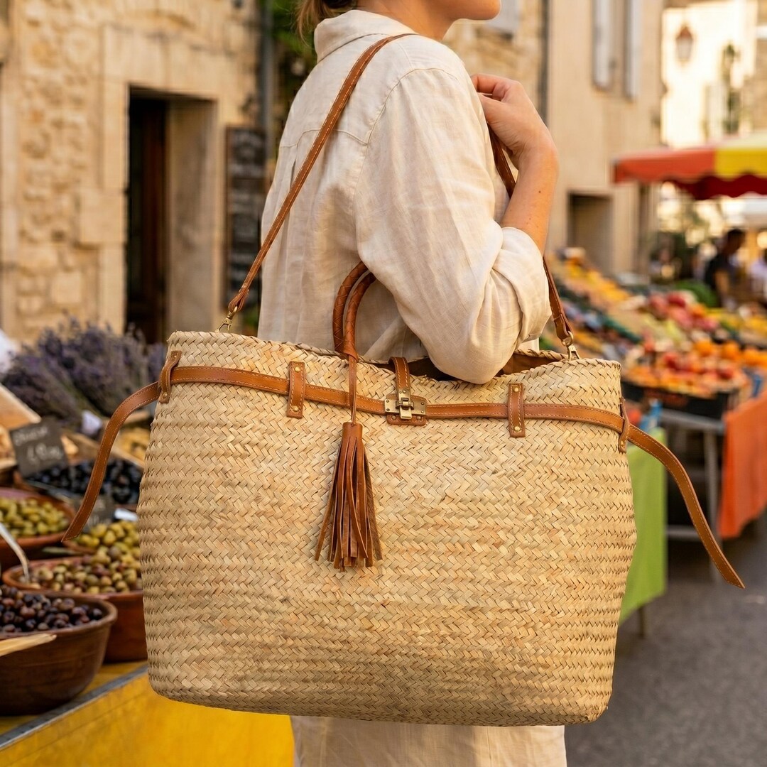 Moroccan Woven Straw Tote, Leather Handle Handbag, Handmade Boho ...