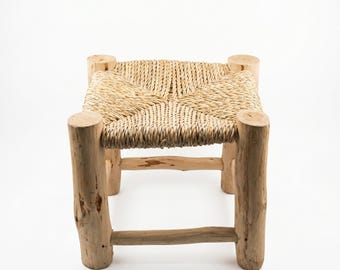 Moroccan Wooden Stool, Handwoven Seat, Rustic Natural Fiber, Artisan Home Accent