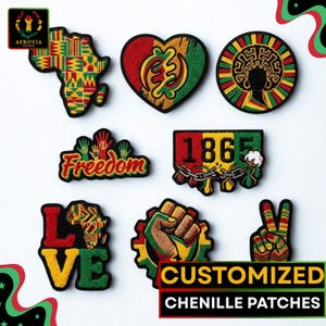 Puede incluir: Una colección de parches de chenilla coloridos con diseños de inspiración africana. Los parches incluyen un mapa de África, un corazón, una silueta redonda, la palabra "Freedom", el número "1865", la palabra "LOVE", un puño y un signo de paz. Los parches son personalizados.
