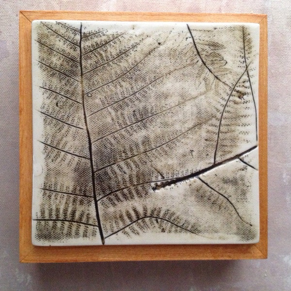 Hand Rolled and Cut Natural History Ceramic Fern Tile  with Cedar Stain Frame