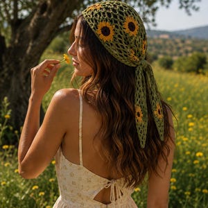 Könnte beinhalten: Ein dreieckiges Häkelkopftuch in Olivgrün mit einem wiederkehrenden Sonnenblumenmuster aus gelben Blütenblättern und dunkelbraunen Mitten. Das Accessoire hat ein offenes Netzmuster und wird hinten mit zwei langen, spitzen Enden zusammengebunden.