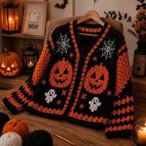 Puede incluir: Un cárdigan de ganchillo negro y naranja con cuello en V y cierre frontal de botones. La prenda presenta un patrón repetitivo de calabazas de Halloween, telarañas blancas, pequeños fantasmas y motivos de estrellas naranjas en el frente.