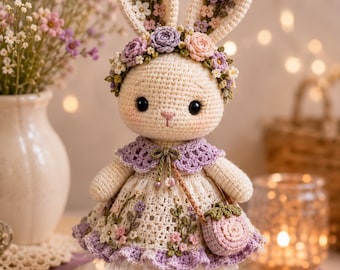May include: A cream-colored crochet rabbit doll wearing a lavender dress with floral embroidery, a matching flower crown, and purple shoes. The rabbit has black eyes, a pink nose, and carries a small round purse with a strap across its body.