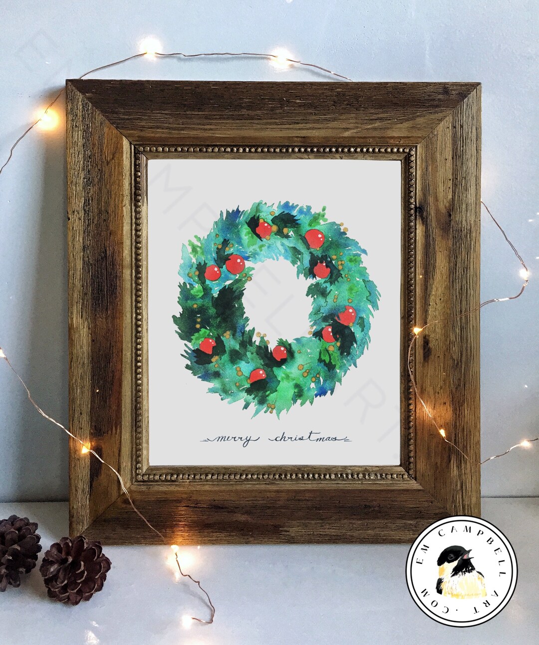 Merry Christmas Wreath Art Printable, Holiday Art for Instant Download ...