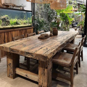May include: A substantial, reclaimed wooden dining table with a rough-hewn appearance. The table, supported by chunky legs, is paired with chairs featuring woven seats. The room includes an aquarium and plants, creating a natural and inviting dining area.