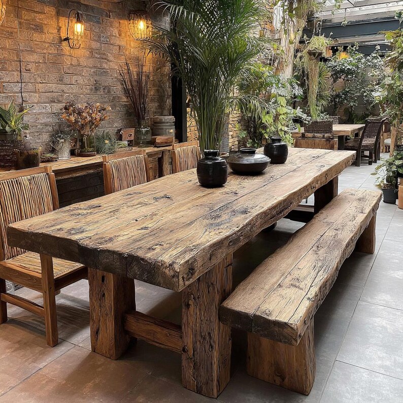 May include: A large, rustic wooden dining table and bench. The table and bench are constructed from rough-hewn timber, displaying the natural grain and texture of the wood. The table is supported by substantial legs. The setting includes chairs and vases.