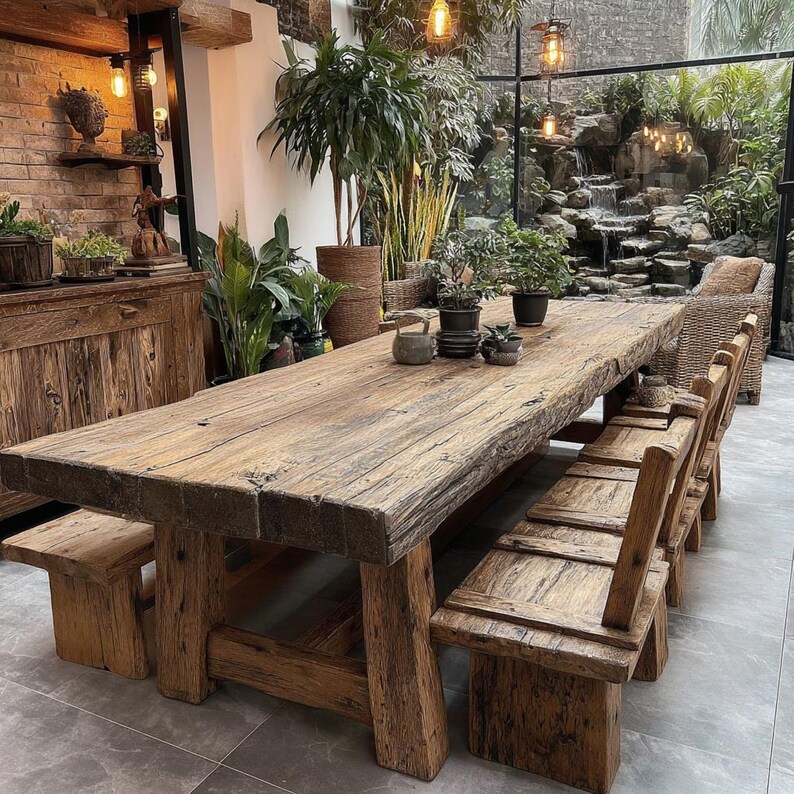 May include: A substantial, rustic wooden dining table with matching benches and chairs. The table is made from thick, weathered wood, and the chairs have a simple, sturdy design. The setting is an outdoor dining area with lush greenery and a waterfall feature.