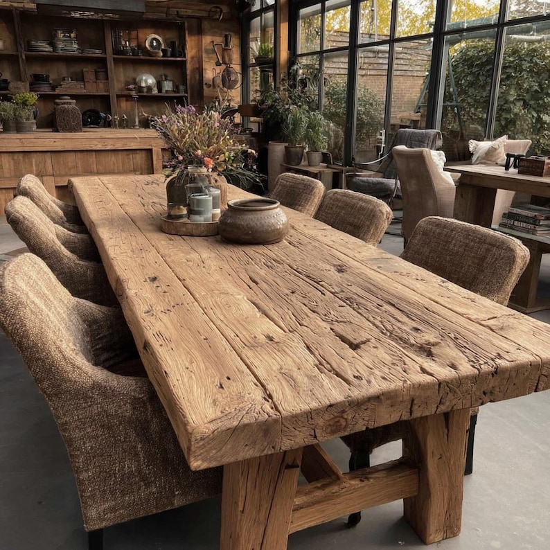 May include: A large, rustic wooden dining table with a natural finish, surrounded by woven-back chairs. The table is adorned with a vase of dried flowers and decorative pottery. The table is approximately 305 cm long.