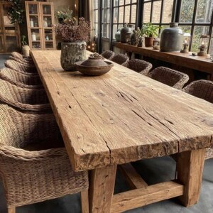 May include: A large, weathered wooden dining table with a rustic design. Woven wicker chairs surround the table. Decorative vases and bowls are placed on the table. The room features large windows and a natural, earthy aesthetic.