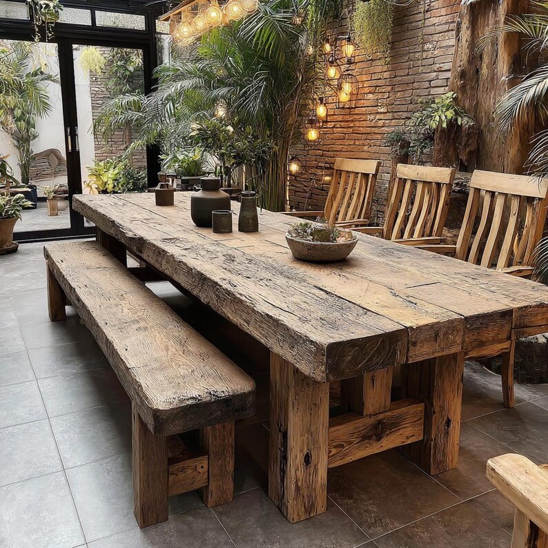 May include: A large, rustic wooden dining table with a matching bench. The table is constructed from thick, weathered timber, giving it a natural, unfinished appearance. Wooden chairs and lush greenery surround the table, creating a warm and inviting atmosphere.