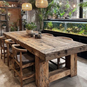 May include: A large, reclaimed wooden dining table with a rectangular top and thick legs. Wooden chairs with curved backs and grey cushions surround the table. Two woven pendant lights hang above. The room features lush greenery and an aquarium, creating a natural atmosphere.