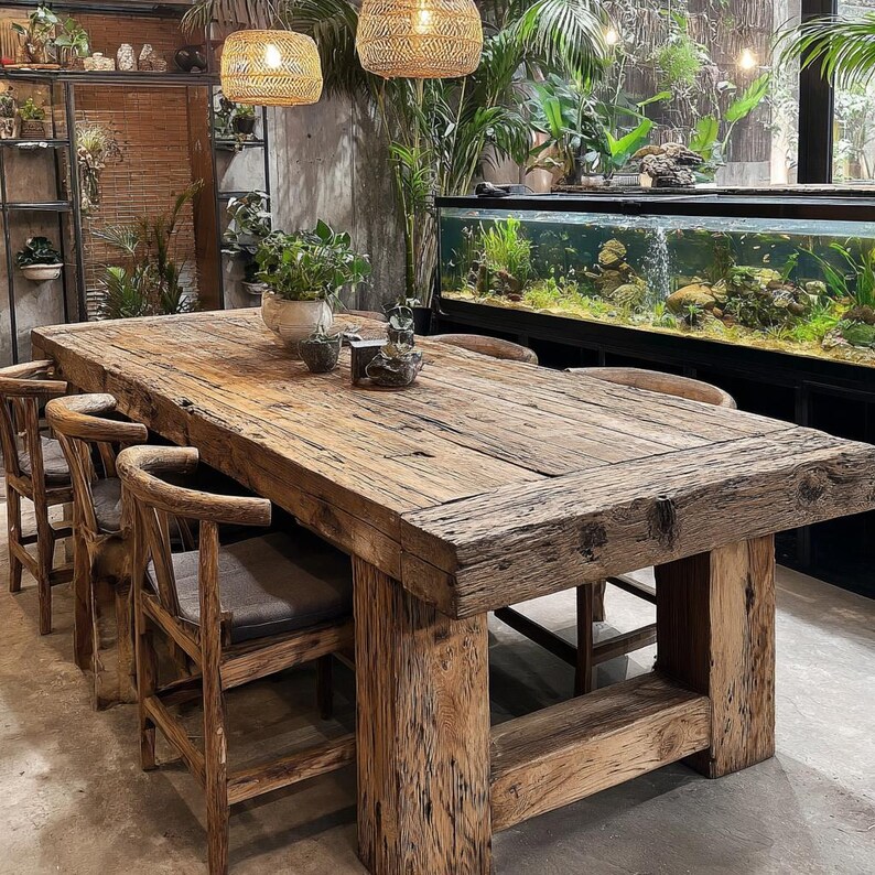 May include: A large, reclaimed wooden dining table with a rectangular top and thick legs. Wooden chairs with curved backs and grey cushions surround the table. Two woven pendant lights hang above. The room features lush greenery and an aquarium, creating a natural atmosphere.