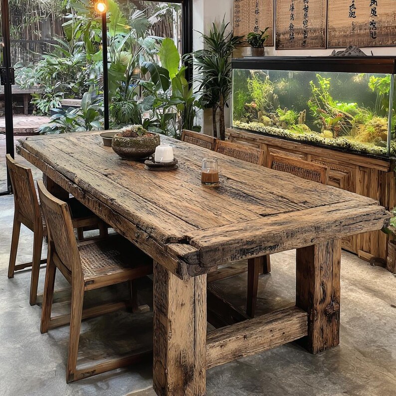 May include: A substantial, reclaimed wooden dining table with a weathered appearance. It's accompanied by wooden chairs with woven backs. A decorative bowl, candle, and glass are on the table. The room features an aquarium and abundant greenery.