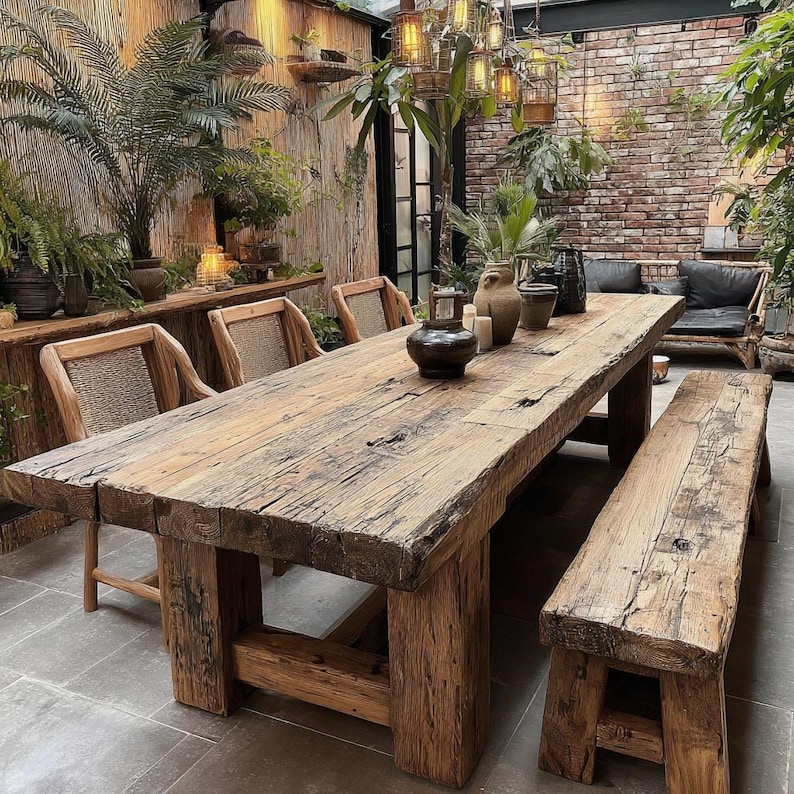 May include: A large, weathered wooden dining table with a matching bench and chairs. The table is made from reclaimed wood, showing its natural grain. The chairs have woven backs. The setting is an outdoor patio with plants and a brick wall.