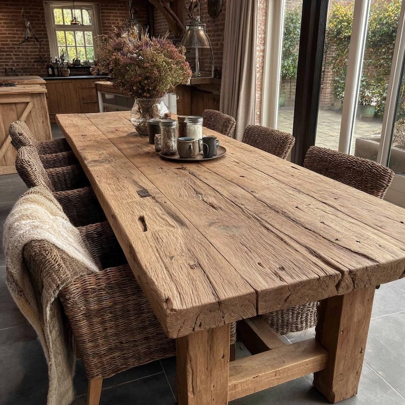 May include: A large, rectangular wooden dining table with a distressed finish, surrounded by wicker chairs. The table is a natural wood colour. A tray with mugs and jars sits on the table. A blanket is draped over a chair.