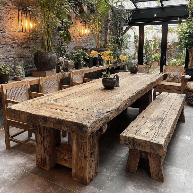 May include: A large, weathered wooden dining table with a matching bench and chairs. The table is made from thick, reclaimed wood and has a natural, unfinished appearance. The chairs have woven backs. The setting is a sunroom with plants and hanging lights.