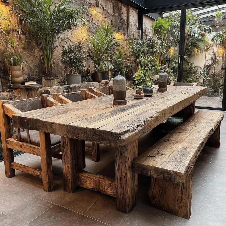 May include: A large, rustic wooden dining table with a matching bench and chairs. The table and bench are made of thick, weathered wood, displaying natural grain and texture. The chairs have upholstered seats. The setting is surrounded by plants.