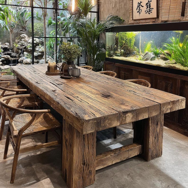 May include: A substantial, rectangular, rustic wooden dining table with a weathered finish. The table is supported by thick, square wooden legs. Woven-back chairs surround the table. The setting includes a large aquarium and lush greenery.
