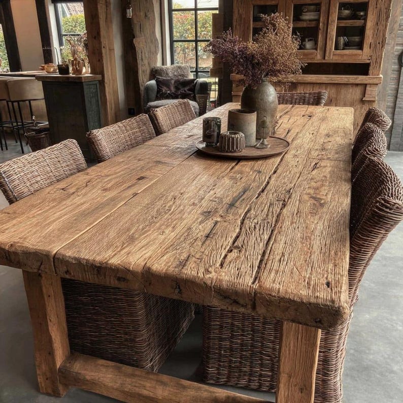 May include: A rustic wooden dining table with a weathered appearance. The table is surrounded by woven wicker chairs. Decorative items, including vases and candles, are arranged on the table's surface, creating a warm and inviting atmosphere. The table is approximately 254 cm long.