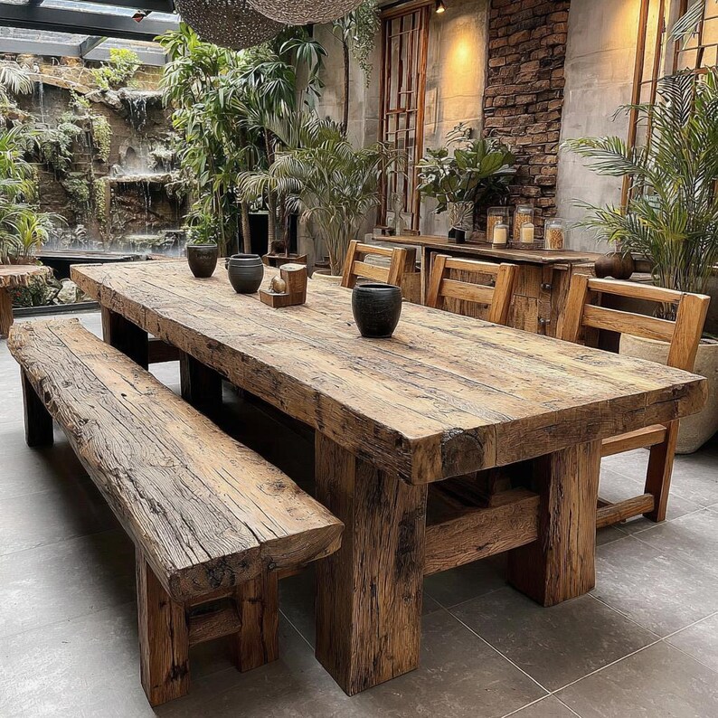 May include: A large, rustic wooden dining table with a matching bench and chairs. The table is made of reclaimed wood, with visible knots and grain. The table is approximately 305 cm long, and the bench is about 183 cm long. The chairs are also made of wood.