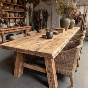 May include: A substantial, reclaimed wooden dining table with a live edge, set on robust wooden supports. Woven wicker chairs are arranged around the table, creating a welcoming dining space. Decorative vases and pottery are placed on the table, enhancing the room's aesthetic.