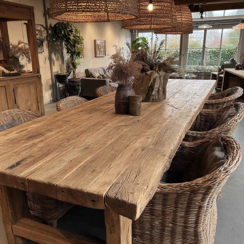 May include: A rustic wooden dining table with a natural finish. Wicker chairs surround the table. Decorative vases and dried plants are placed on the table. Woven pendant lights hang above the table, creating a warm, inviting atmosphere.