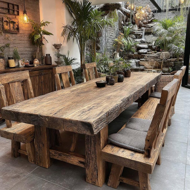 May include: A substantial, rustic wooden dining table with matching benches and chairs. The table has a thick, textured surface and is surrounded by wooden chairs and benches with grey cushions. The setting is an indoor space with a waterfall feature and lush greenery.