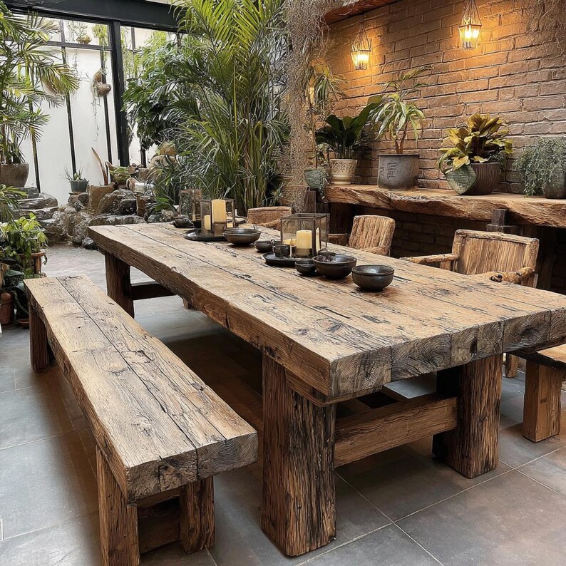 May include: A substantial, rustic wooden dining table and bench. The table is constructed from thick, weathered timber, giving it a natural, unfinished appearance. The table is surrounded by chairs and is set with candles and bowls. The setting is in an outdoor dining area.