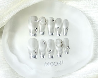 Handcrafted Silver Chrome Tip Press-On Nails with Crystal Embellishments – Ethereal Luxury Design