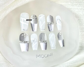Moonlit Frost Press-On Nails: Translucent White, Gray Gradient, Crystal Embellishments