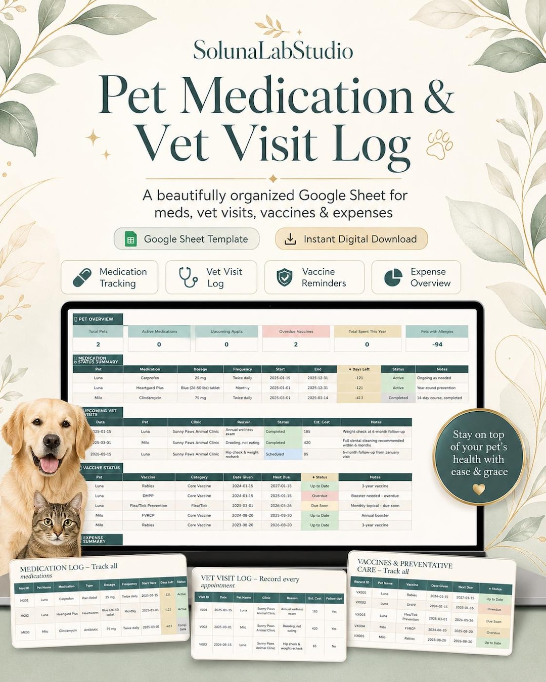 Pet Medication Tracker Google Sheets Template, Vet Visit Log, Pet ...