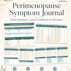 Könnte beinhalten: Digitaler Download eines Perimenopause-Symptom-Journals. Das Journal enthält ein Wellness-Dashboard, einen Zyklustracker und ein tägliches Protokoll. Kompatibel mit Excel und Google Sheets.
