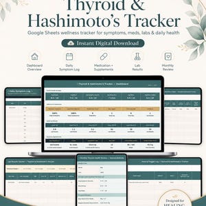 Puede incluir: Rastreador digital de bienestar para síntomas de tiroides y Hashimoto, medicamentos, resultados de laboratorio y salud diaria. El diseño incluye una computadora portátil, tabletas y pantallas de teléfono que muestran datos, con el texto "Thyroid & Hashimoto's Tracker".