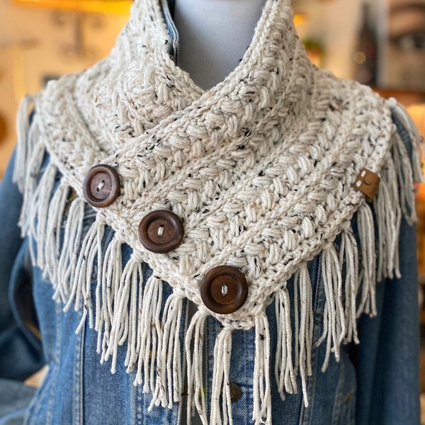 Button Cowl with Fringe COLOR: Vanilla Tweed