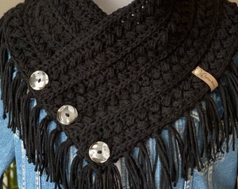 Button Cowl with Fringe COLOR: Black