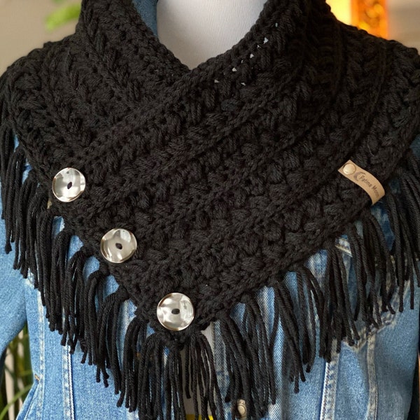 Button Cowl with Fringe COLOR: Black