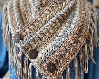 Button Cowl with Fringe COLOR: Birch