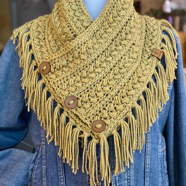 Button Cowl with Fringe COLOR: Dijon